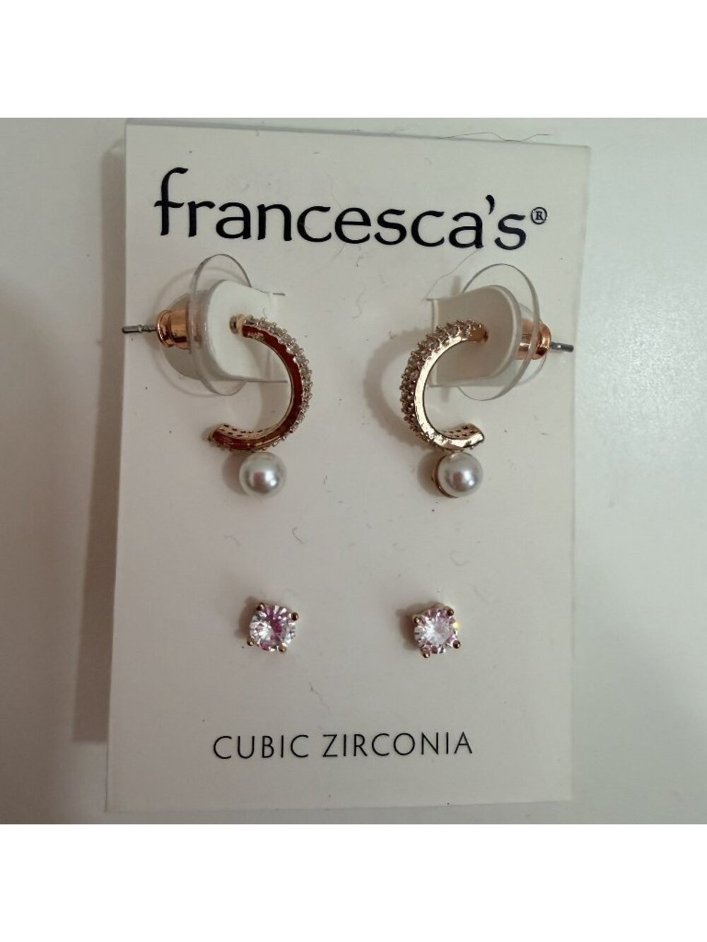 Francesca’s 3 Piece Small Cubic Zirconia Stud, Rose Gold Hoop & Pearl Earrings